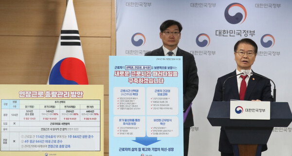 지난 6일 오전 서울 종로구 세종대로 정부서울청사에서 근로시간 제도 개편 방안을 발표하는 이정식 고용노동부 장관