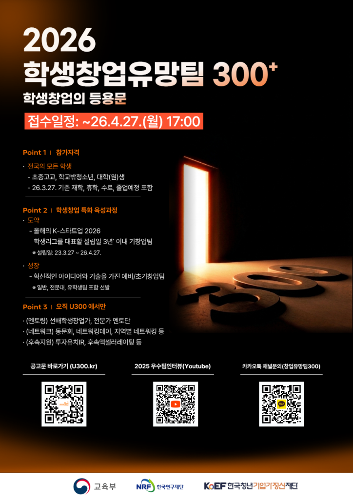 교육부와 한국청년기업가정신재단이 대한민국 미래 산업의 지형을 바꿀 차세대 창업가 육성을 위해 ‘2026 학생 창업유망팀 300+’ 참가팀 모집을 4월 8일부터 시작한다.