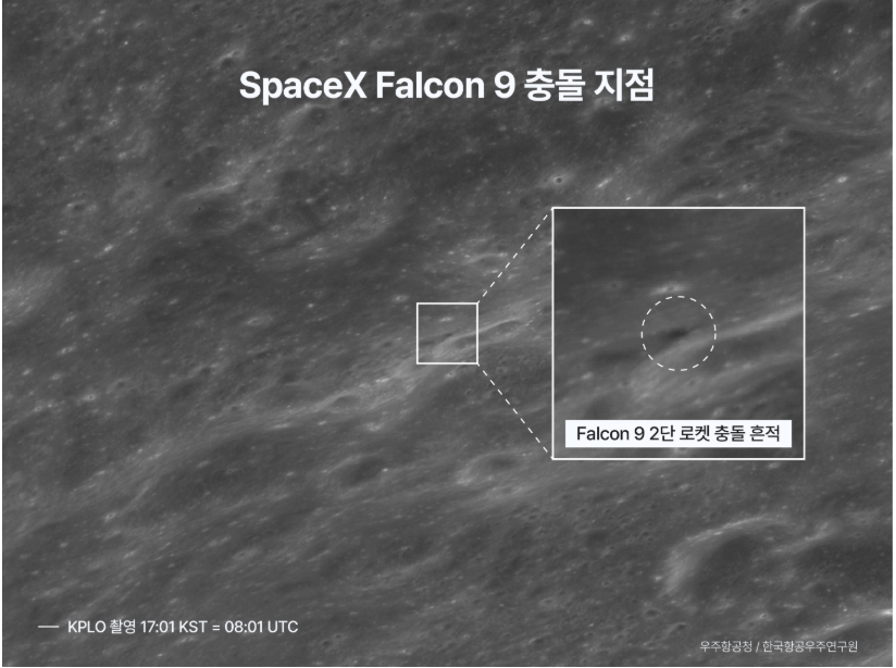 달 궤도선 다누리가 우주 공간을 떠돌던 민간 우주선 발사체 잔해가 달 표면에 부닥치는 순간을 정밀 촬영하는 데 성공했다. 미리 예측된 인공 충돌 현장을 달 궤도상에서 실시간에 가깝게 관측해 낸 보기 드문 성과다.