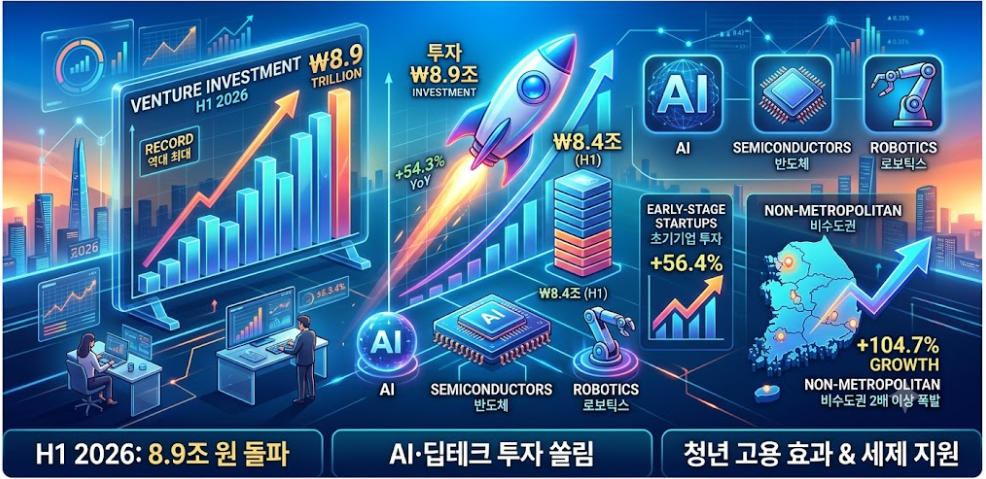 국내 벤처투자 시장이 긴 냉각기를 깨고 역대 최대 실적을 기록하며 강력한 반등에 성공했다. 중소벤처기업부가 발표한 동향에 따르면 2026년 상반기 신규 벤처투자액은 전년 동기 대비 54.3% 증가한 8조 8,676억 원을 집계되어, 벤처 열풍이 절정에 달했던 2022년 기록을 넘어섰다.