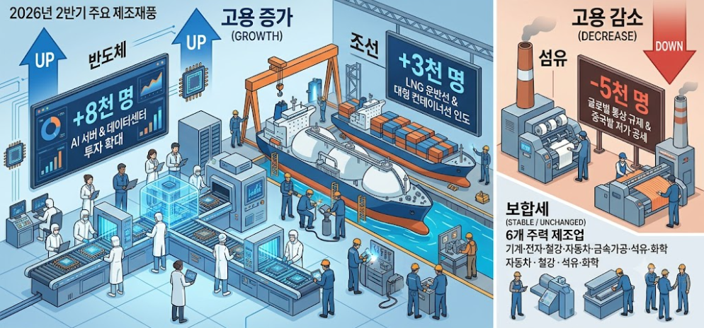 2026년 하반기 국내 9대 주력 제조업의 일자리 지형이 업종별 호악재에 따라 뚜렷한 온도 차를 보일 것으로 전망된다. 인공지능(AI) 시장의 가파른 성장세와 고부가가치 선박 수주 잔량에 힘입은 반도체와 조선 업종은 일자리가 늘어나는 반면, 통상 압박과 저가 공세가 겹친 섬유 업종은 고용 한파를 피하기 어려울 것으로 보인다.