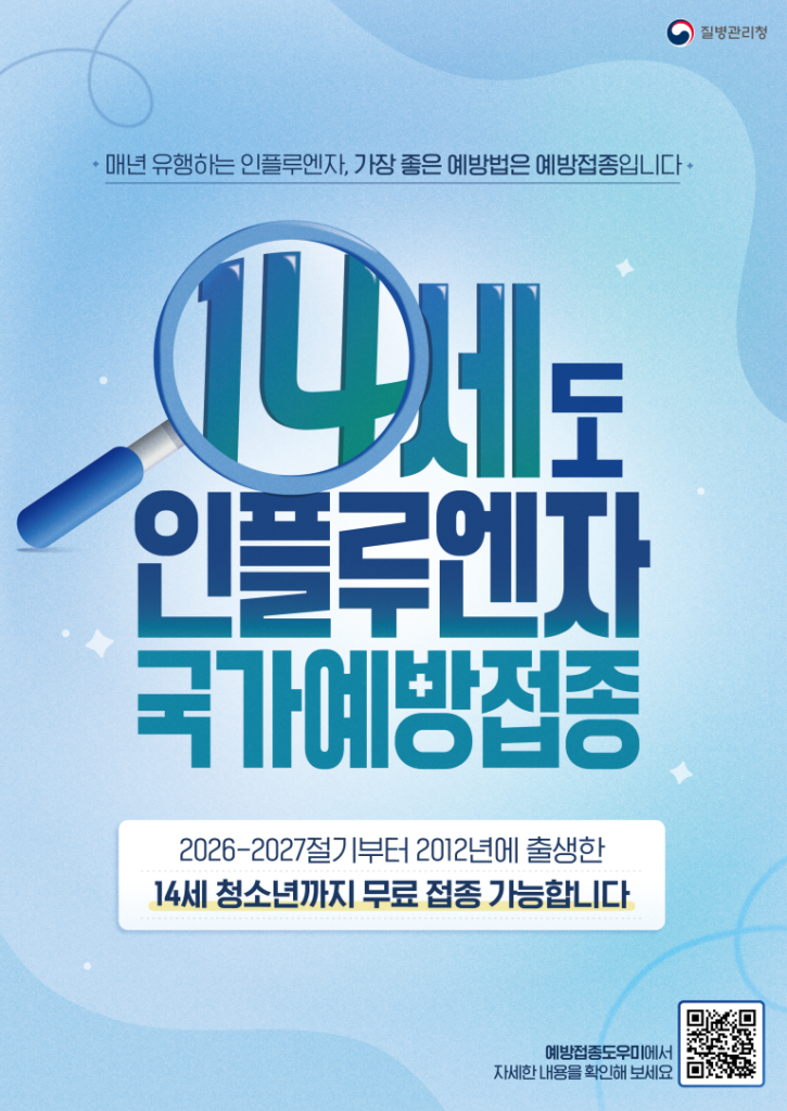 올겨울 독감 유행에 대비해 시행되는 인플루엔자 국가예방접종 사업의 대상이 중학교 2학년에 해당하는 14세 이하 청소년까지 확대 적용된다.
