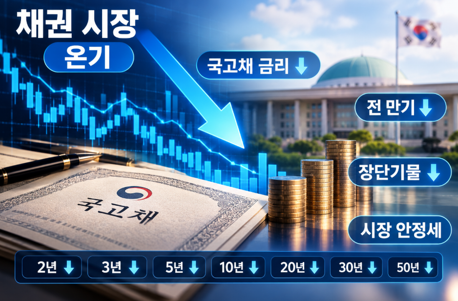 서울 채권시장에서 주요 만기별 국고채 수익률이 일제히 약세를 보이며 하락 곡선을 그렸다.